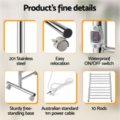Devanti 10-Bar Freestanding Heated Towel Rail 3-5 Mins Fast Heating Electric Towel Warmer for Bathroom Winter Drying Stainless Steel Plug In 100W
