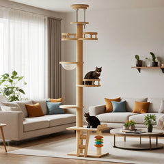 Wooden Cat Tree Tower Floor-to-Ceiling Cat Climbing Scratching Post Adjustable Height 2.5-2.8m with Observation Deck and Space Capsule for Multiple Cats