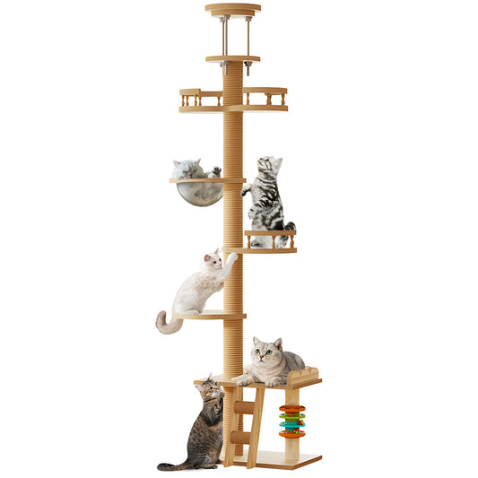 Wooden Cat Tree Tower Floor-to-Ceiling Cat Climbing Scratching Post Adjustable Height 2.5-2.8m with Observation Deck and Space Capsule for Multiple Cats