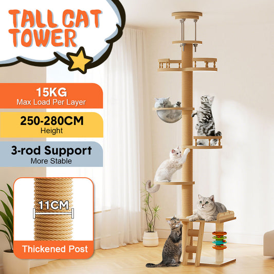 Wooden Cat Tree Tower Floor-to-Ceiling Cat Climbing Scratching Post Adjustable Height 2.5-2.8m with Observation Deck and Space Capsule for Multiple Cats
