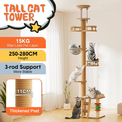 Wooden Cat Tree Tower Floor-to-Ceiling Cat Climbing Scratching Post Adjustable Height 2.5-2.8m with Observation Deck and Space Capsule for Multiple Cats