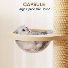 Wooden Cat Tree Tower Floor-to-Ceiling Cat Climbing Scratching Post Adjustable Height 2.5-2.8m with Observation Deck and Space Capsule for Multiple Cats