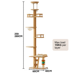 Wooden Cat Tree Tower Floor-to-Ceiling Cat Climbing Scratching Post Adjustable Height 2.5-2.8m with Observation Deck and Space Capsule for Multiple Cats