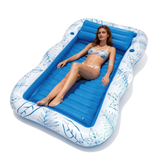 Inflatable Pool Lounger Large Tanning Lounger Sunbathing Floating Bed for Adults with Pillow and Cup Holders Swimming Pool Beach Water Floaty 220x165cm