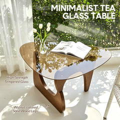 Triangle Glass Coffee Table Modern Side Table Clear Tempered Glass Top with Wood Base for Living Room Office Apartment Small End Table Height 40cm Walnut