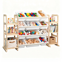 Kids Toy Storage Organizer Multipurpose Pine Wood Bin Shelf with 6-Tier Bookshelf and 12 Removable Storage Bins for Bedroom Playroom Nursery Classroom
