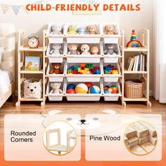 Kids Toy Storage Organizer Multipurpose Pine Wood Bin Shelf with 6-Tier Bookshelf and 12 Removable Storage Bins for Bedroom Playroom Nursery Classroom