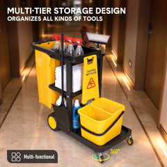 3-Tier Cleaning Cart Large Capacity Utility Trolley Housekeeping Janitorial Car with Wheels and Durable Trash Bag For Schools Hotels Offices Hospitals