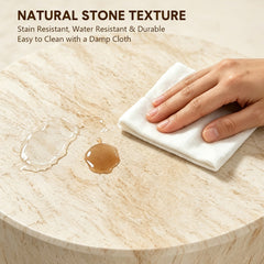 Travertine Side Table Modern MGO Faux Stone Round Accent End Table Weather-Resistant Garden Stool Plant Stand for Indoor Outdoor Patio Backyard 39.5x45cm
