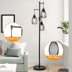 Floor Lamp 172cm Industrial Floor Lamp Dimmable 3 Lights Standing Lamp with Cage  Shade and Sturdy Base Tall Tree Lighting For Living Room Bedroom Office