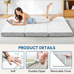 15cm Tri Fold Foldable Mattress Full Size Bedding Mattress High Density Foam Floor Mat with Soft Removable Cover for Guest Bed RV Camping 201 x 150 x 15cm
