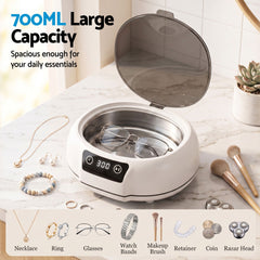 Devanti Ultrasonic Cleaner 700mL 48kHz Jewellery Cleaning Machine with Stainless Steel Tank White