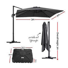 Instahut Outdoor Umbrella w/Base 3m Cantilever Stand Sun Roma 360 Degree Charcoal