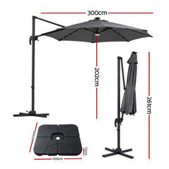 Instahut Outdoor Umbrella w/Base 3m Solar LED Offset Cantilever Patio Parasol Charcoal
