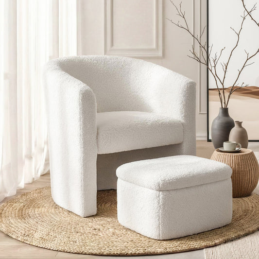 Artiss Armchair Accent Chair w/Ottoman Lounge Footrest Storage Boucle White