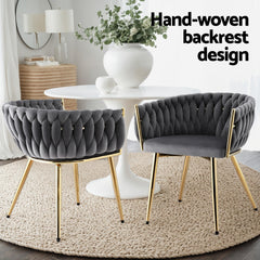 1 Set of 2 Artiss Dining Chairs Velvet Armchair Grey