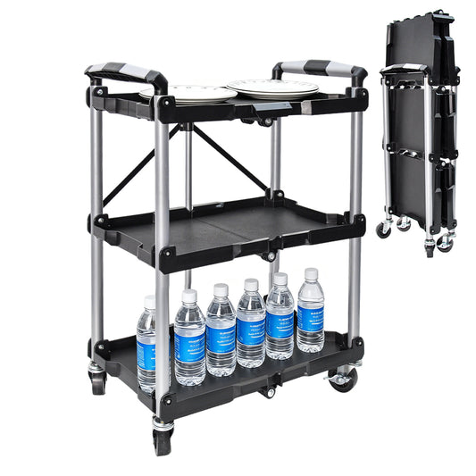 3 Tier Folding Cart Heavy Duty Serving Trolley 130Kg Load Capacity with 360 Swivel Lockable Wheels Efficient Storage and Transportation 67.5x42.5x74.5cm