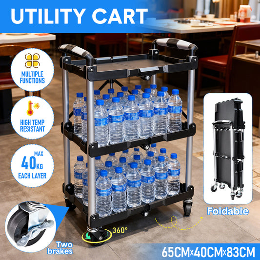3 Tier Folding Cart Heavy Duty Serving Trolley 130Kg Load Capacity with 360 Swivel Lockable Wheels Efficient Storage and Transportation 67.5x42.5x74.5cm