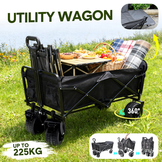 Foldable Camping Wagon 150L Portable Hand Trolley with All-Terrain 10″ Wheels and Tailgate For Outdoor Picnic Shopping Sports Max Load 200Kg Utility Cart