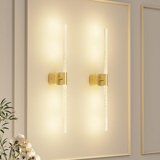 Gold Battery Operated Wall Sconce Set of 2, Rechargeable Wireless Wall Lights with Remote and Touch, 360° Rotatable Sconces Wall Decor for Bedroom Living Room (23.62 Inch, 2-Pack)
