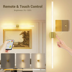 Gold Battery Operated Wall Sconce Set of 2, Rechargeable Wireless Wall Lights with Remote and Touch, 360° Rotatable Sconces Wall Decor for Bedroom Living Room (31.49 Inch, 2-Pack)