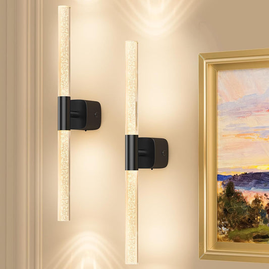 Battery Operated Wall Sconce Set of 2 Black Rechargeable Acrylic Crystal Sconce Wall Decor Set of 2 with 12000mAh CCT Dimmable 350° Rotate Remote Wireless Wall Light for Bedroom Living Room
