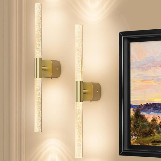 Battery Operated Wall Sconce Set of 2 Brushed Gold 12000mAh Rechargeable Wall Light with Crystal Acrylic 24" Wireless CCT Dimmable 350°Rotate Remote Wall Lamp for Bedroom Living Room