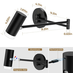 Battery Operated Wall Sconces Set of 2, Swing Arm Wall Lamp with Remote Control, Not Hardwired Led Wall Lamp Fixtures Dimmable Wall Light Decor for Bedroom Reading Living Room