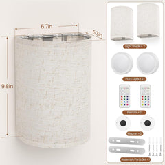 Battery Operated Wall Lights, 2 Pack Boho Decor with Remote Control, RGB Color Rustic Wall Sconces, Fabric Linen Shade Lighting