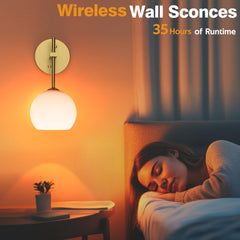 Rechargeable Wall Light Indoor,Battery Operated Wall Lamp with Remote,Indoor Wall Light with 3 Color Modes and RGB,Frosted Glass Wall Mounted Lamp for Living Room Bedrooms 2 Pack (Gold)