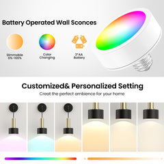 Battery Operated Wall Sconce Set of 2, Dimmable RGB Wall Sconce with Remote Indoor Battery Powered Wall Lamp Light for Bedroom Living Room