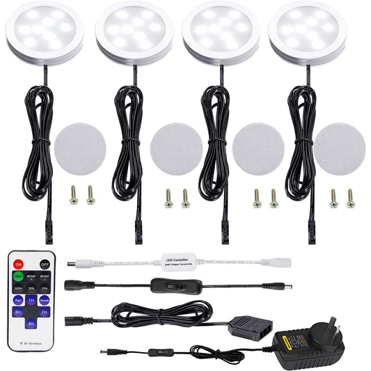 Dimmable & Timing Under Counter Lights Kitchen with Wireless RF Remote,Ultra-Thin 240V LED Cabinet Lights,12W Shelf Lights,4 Lights,Daylight White