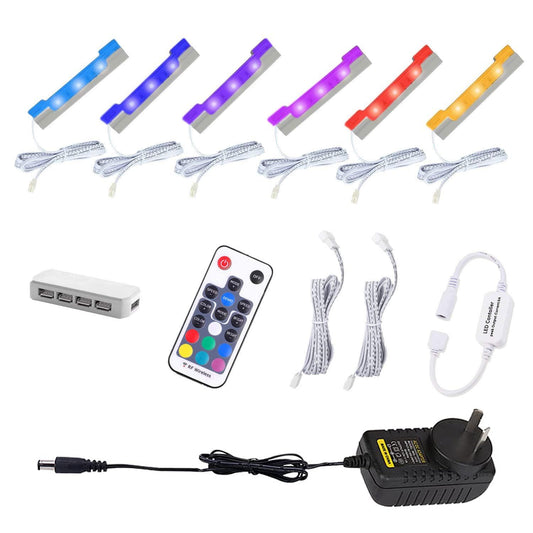 LED Under Cabinet Night Lights Kit for Glass Edge Shelf Back Side Lighting Using Flexible Cable and Clip with RF Remote(6 Lights RGB)