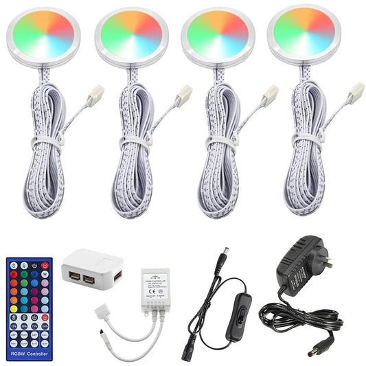 RGBWW RGB + Warm White Color Changing Christmas Xmas Under Cabinet LED Lights Kit IR Remote Puck Lights for Kitchen Counter Shelf Furniture Ambiance Lighting (RGBWW, 4 Lights, 12W)