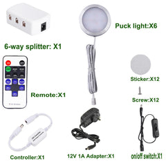 Dimmable LED Under Cabinet Lighting, Counter Showcase Kitchen Lighting Fixtures with 12V Plug in Adapter and Dimmable Wireless Remote Control, 6 Ultra Slim Puck Lights Kit