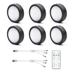 AIBOO Rechargeable Cabinet Lights, 6 Pack Puck Lights, 3 Colour, Remote, Black