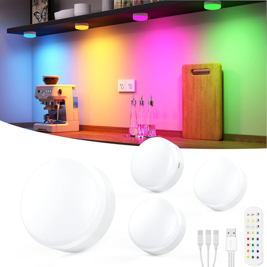 Puck Lights with Remote Control, 4-Pack Wireless Stick On Lights for Under Cabinet, Closet, Bedroom, Staircase & Bookshelf, 3000mAh Battery Operated Color Changing Lighting (RGB&CCT)