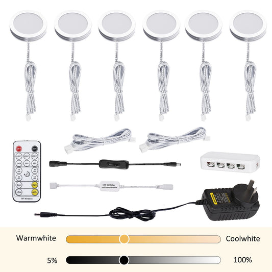 LED Under Cabinet Puck Lights, Color Temperature Changeable Under Counter Lighting,Warm+White Dual Color with Dimmable Controller for Kitchen Shelf Ambiance Accent Lighting (6 Lights)