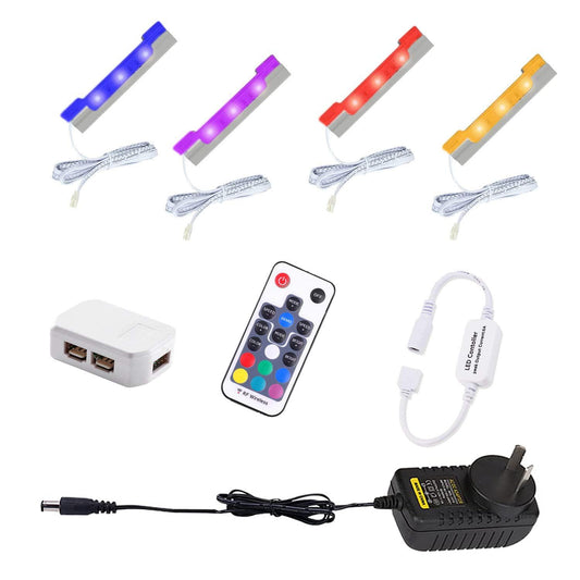 LED Under Cabinet Night Lights Kit for Glass Edge Shelf Back Side Lighting Using Flexible Cable and Clip with RF Remote(4 lights, RGB)