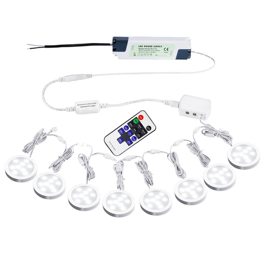 Linkable Under Cabinet LED Lighting 12V Slim Aluminum Dimmable Puck Lights Direct Wired with RF Remote Control for Kitchen Lighting(8pack Daylight White)