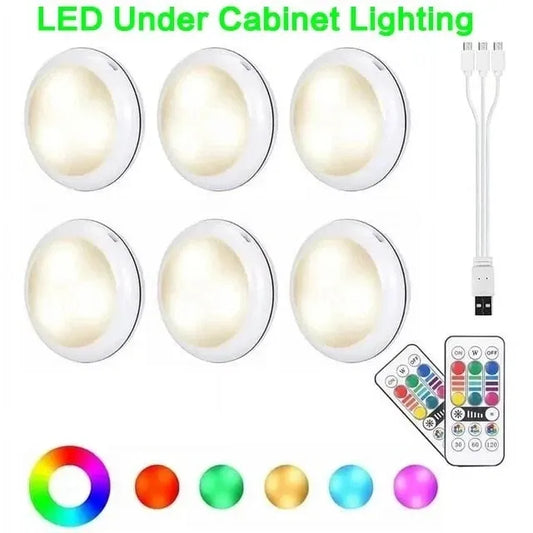 USB Rechangeable RGBW LED Cabinet Light Puck Lights 16Colors Timmer Remote Control 6 Pack
