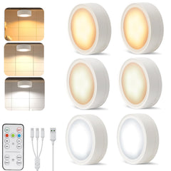 Pack of 6 Under-Unit Lights Kitchen LED Cabinet Lighting Wireless with Remote Control Cabinet Lighting Rechargeable Battery Dimmable Under Cabinet Light for Showcases, Wine Cabinet