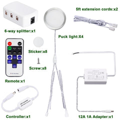 Linkable Under Cabinet LED Lighting 12V Dimmable Puck Lights Hardwired with Wireless RF Remote Control for Kitchen Mood Lighting(4 Lights, Warm White)