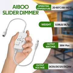 Single Color Slider Dimmer with Timer - PWM 1pc DC 5V/12V/24V LED Controller, 36W Max, Slide Brightness Control & Auto-Off for LED Strip Lights, Closet, Counter, Aquarium Lighting (White)