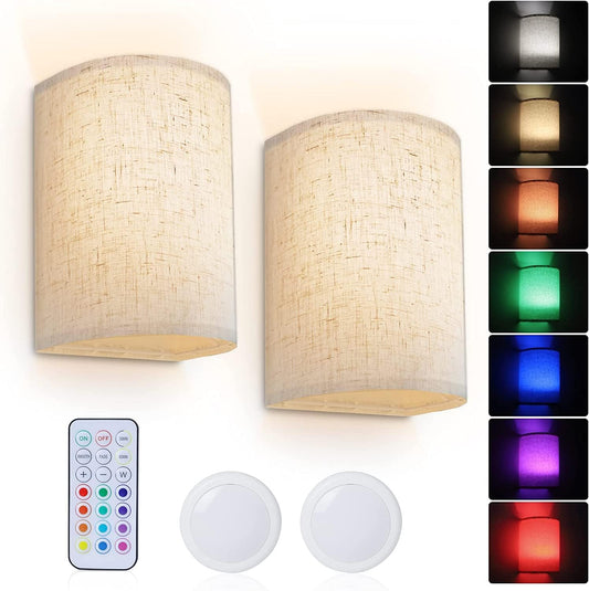 Battery Operated Wall Lights Indoor with Remote, Wireless LED Wall Lights with Fabric Shade, 12 Colors + Day White Changeable Dimmable Wall Lamp for Living Room Bedroom Hallway