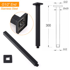 Matt Black 16" Large Rainfall Shower Head 300mm Ceiling Dropper Arm Square Mixer Taps