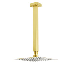 WELS Brushed Gold Square 8" Rain Shower Head 300mm Brass Ceiling Dropper Arm Set