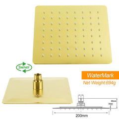 WELS Brushed Gold Square 8" Rain Shower Head 300mm Brass Ceiling Dropper Arm Set