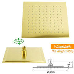 Brushed Gold Square 10" Rainfall Shower Head 30cm Ceiling Dropper Extension Arm Set