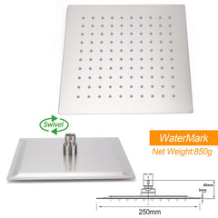 Brushed Nickel Square 10" Rain Shower Head 300mm Brass Ceiling Dropper Arm Set